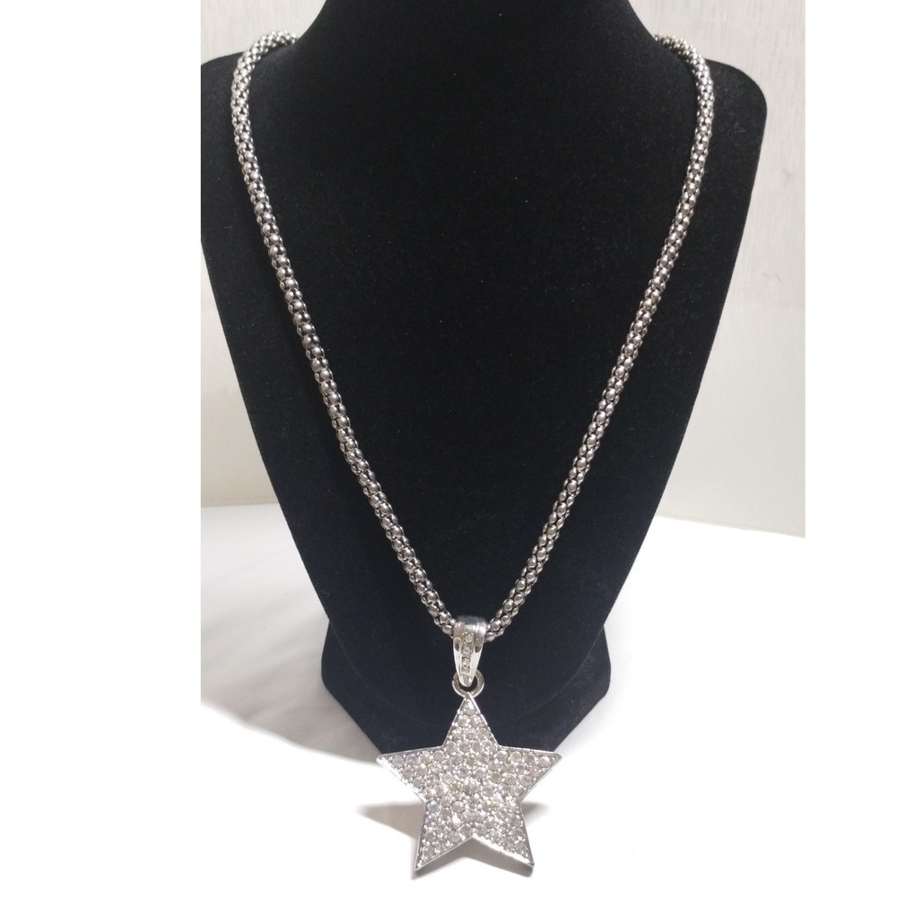 Premier Designs Silver Tone Rhinestone Star Pendant Popcorn Chain Necklace 24"